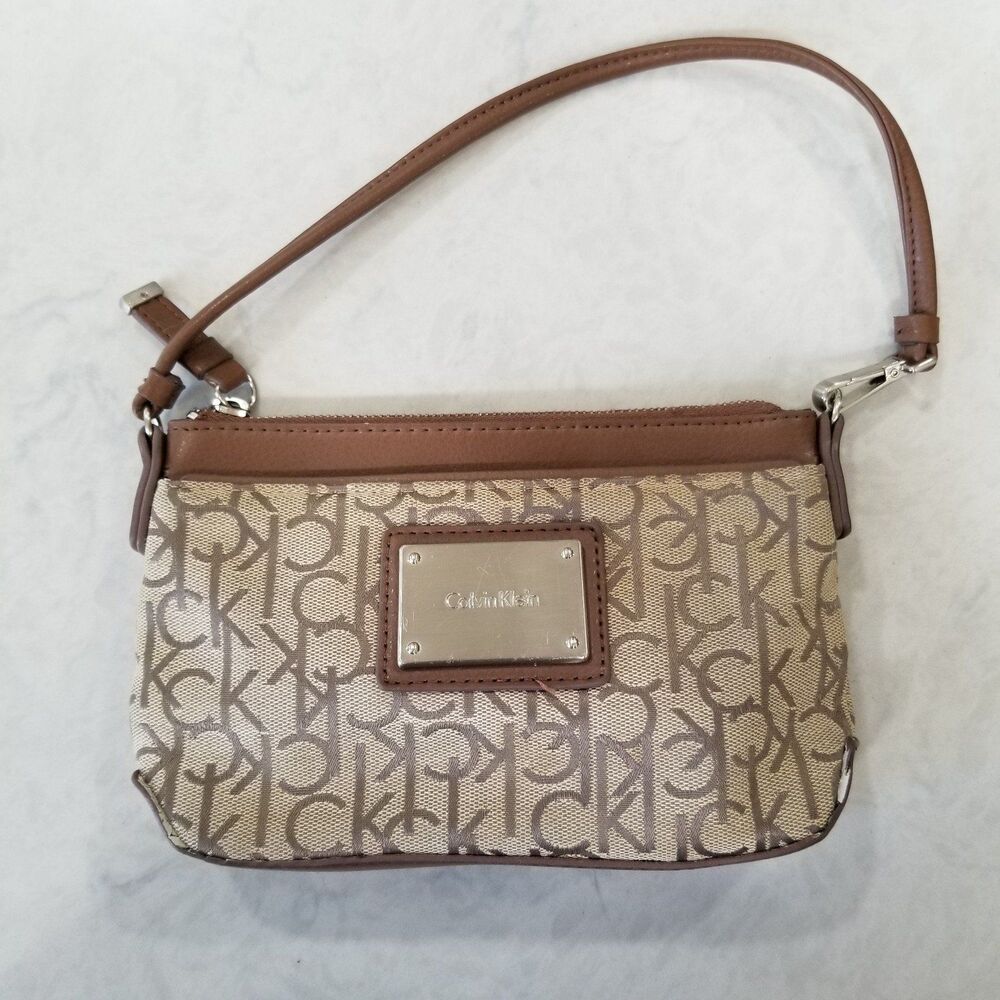 Calvin Klein Womens Clutch Purse Tan Logo Brown Leather Trim preowned READ